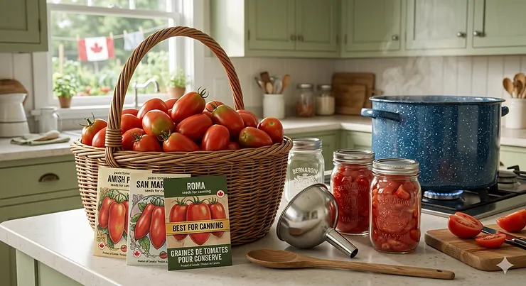 A 4K photorealistic image capturing a smiling gardener harvesting a high-yield crop of Roma tomatoes from dense plants in a backyard garden in rural Quebec, featuring a weathered bilingual (EN/FR) plant marker, optimized for Canadian seed performance. paste tomato seeds for canning