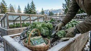 A close-up, ground-level photorealistic 4K photograph of a gardener's gloved hand harvesting mature, frost-hardy kale leaves with a small knife into a rustic wicker basket in a snow-covered garden.