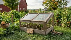 Young heirloom tomato plants protected in a wooden cold frame against unpredictable Canadian spring weather.
