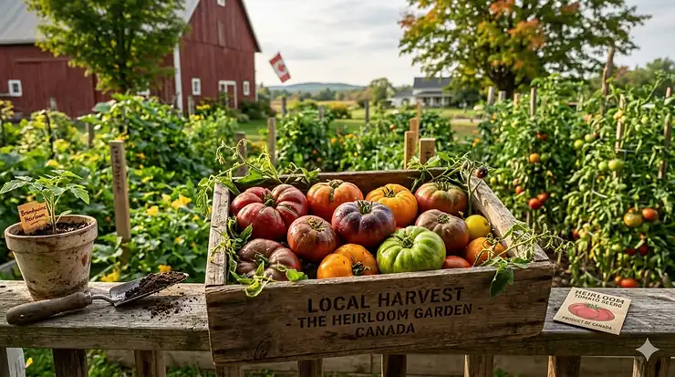 A diverse harvest of colorful organic heirloom tomatoes grown from seed in a Canadian backyard garden.