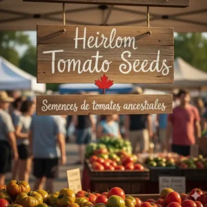 A wooden market sign reading Heirloom Tomato Seeds and Semences de tomates ancestrales at a Canadian farmers market.