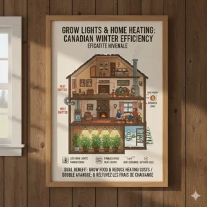 A diagram illustrating how the heat from grow lights interacts with a Canadian home's HVAC system during winter months to potentially offset heating costs.