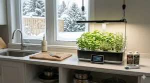 A sleek hydroponic herb garden integrated with LED grow light accessories in a contemporary Canadian kitchen.
