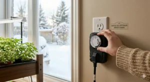 Illustration of a grounded heavy-duty timer being used to safely manage the light cycle for indoor plants.