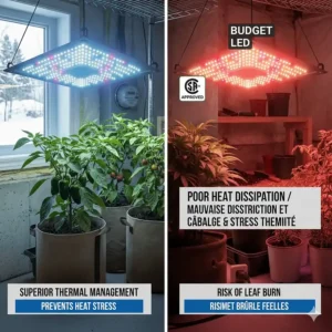 A 4K photorealistic illustration contrasting harvest outcomes. A premium LED grow light setup is shown alongside a bountiful harvest of fresh peppers and tomatoes, while a budget light setup results in a poor, stunted harvest, illustrating why premium horticultural lighting is a better value.
