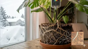 Fresh herbs growing indoors in a Canadian kitchen with winter grow lights, labeled as 'Fine Herbs' and 'Herbes fines.'