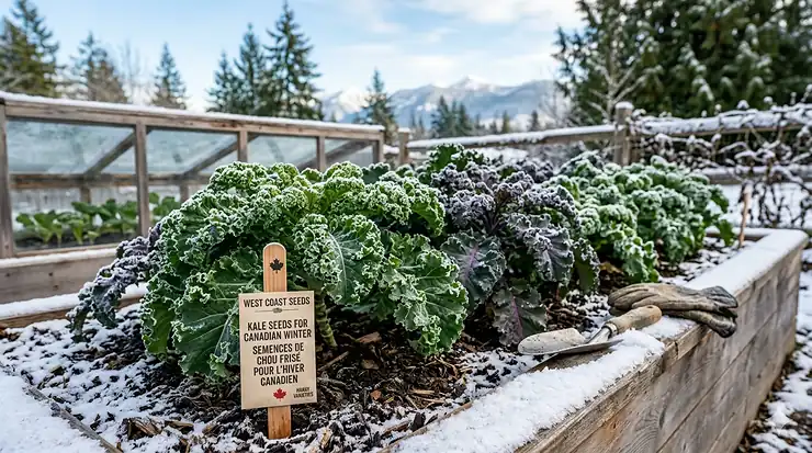 A photorealistic, highly detailed 4K photograph of frosty kale thriving in a snowy Canadian garden under crisp natural light, illustrating how to use kale seeds for Canadian winter harvests.