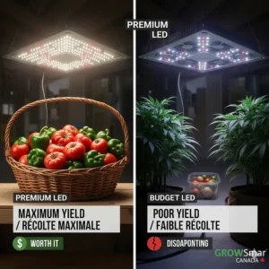 A 4K photorealistic infographic comparing the long-term reliability of grow lights. The premium LED shows a 5+ year lifespan, while the budget light demonstrates frequent failure and replacement costs, using a piggy bank graphic to represent the false economy of cheaper products.