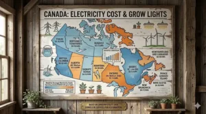 A map of Canada showing the different electricity costs of running grow lights based on provincial utility rates in CAD per kilowatt-hour.