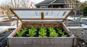 Early germination stages of cold hardy lettuce seeds in a Canadian maritime climate during early spring.