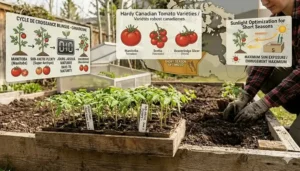 Diagram showing how to position tomato plants to maximize sunlight and heat retention in northern latitudes.