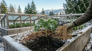 A photorealistic, ground-level 4K photograph showing a cross-section of a raised bed where a gloved hand is carefully applying a layered mulch of straw and pine needles around a young kale plant.