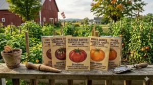 Variety of organic heirloom tomato seed packets labeled in English and French for Canadian gardeners.