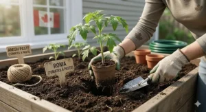 A high-definition photograph displaying organic seed packets for Amish Paste, San Marzano, and other paste tomato varieties with bilingual (EN/FR) labels on a rustic wooden potting bench, optimized for Canadian gardeners.