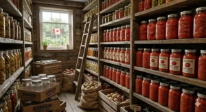 A 4K photorealistic comparison of two halved tomatoes on a rustic cutting board, showing the dense, low-moisture flesh of a Roma paste tomato next to the watery texture of a slicing variety, with bilingual (EN/FR) seed packets and markers, optimized for Canadian gardeners.