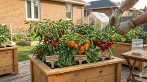 Illustration of compact pepper plants grown from a variety pack, ideal for Canadian balconies and patios.