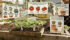 Small-space gardening illustration showing short-season tomatoes growing in pots on a deck in a Canadian Zone 3 climate.