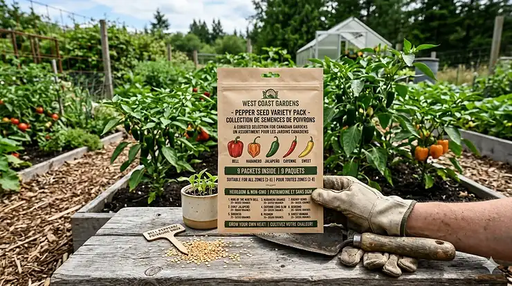 A diverse pepper seed variety pack featuring bell, jalapeño, and habanero seeds, perfect for Canadian hardiness zones.