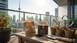 Diagram showing how to plant cherry tomato seeds for containers at the correct depth for indoor starting in Canadian climates.