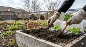 Illustration of gardener sowing lettuce seeds in early spring, ideal for the short Canadian growing season.