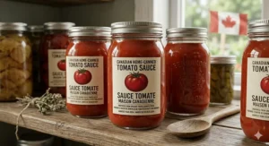 A photorealistic 4K image showing a gardener in gloves gently transplanting healthy Amish Paste and Roma tomato seedlings with weathered bilingual plant labels (EN/FR) into rich soil of a raised bed in an Ontario garden.