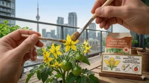 Illustration showing how to hand-pollinate cherry tomato seeds for containers grown in Ontario sunrooms or high-rise condos.