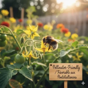 A bumblebee pollinating heirloom tomato blossoms in a lush, eco-friendly Canadian community garden.