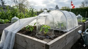 Illustration of young bell pepper plants under a cloche or frost cover during a cool Canadian spring.