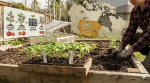 Illustration of a garden cold frame protecting young tomato plants from early spring frost in a Canadian climate.