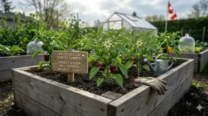 Illustration of peppers growing in a raised bed to maximize soil warmth in shorter Canadian summers.