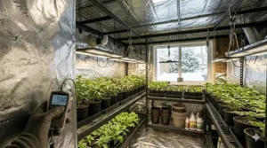 Reflective wall film and grow light accessories designed to maximize light efficiency in a cold-climate indoor grow room.