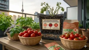 Close-up illustration of ripe tomatoes ready for harvest, grown from premium cherry tomato seeds for containers.