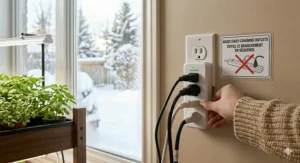 A "Do and Don’t" illustration showing grow lights plugged directly into a surge protector rather than daisy-chained power strips.