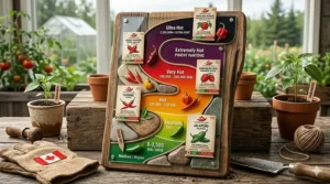 A colorful Scoville scale chart showing heat levels for hot pepper seeds available to buy online in Canada.
