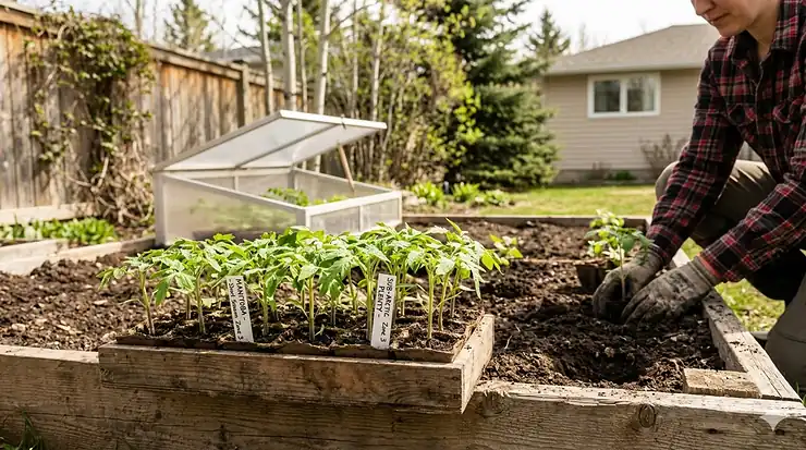 A tray of hardy short-season tomato seedlings ready for transplanting in a Canadian Zone 3 backyard garden during the late spring. short season tomato seeds zone 3
