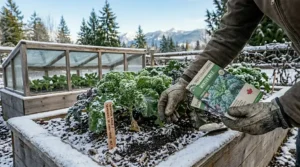 An intimate, low-angle photorealistic 4K photograph showing gloved hands actively sowing tiny kale seeds into dark, prepared soil within a snow-dusted wooden raised bed.