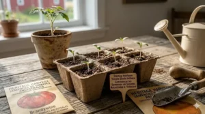 Seedlings growing indoors under lights, ideal for the early Canadian spring planting season.