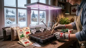 Illustration of a gardener starting hot pepper seeds indoors under grow lights to prepare for the Canadian spring.
