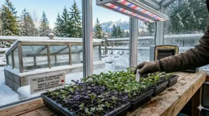 A photorealistic 4K photograph taken inside a greenhouse, looking out at a snowy landscape, and focusing on trays of vibrant young kale seedlings growing under a brightly illuminated LED grow light.