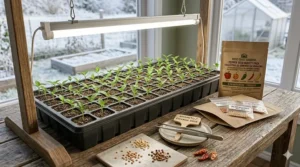 Illustration showing how to start a pepper seed variety pack indoors during the Canadian late winter.