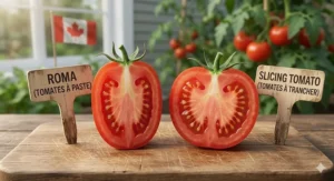 A high-definition, 4K photorealistic image of healthy paste tomato seedlings emerging in trays under bright LED grow lights in a Canadian indoor gardening setup, featuring legible bilingual (EN/FR) seed packets.