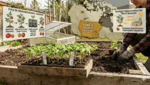Gardening supplies for starting tomato seeds indoors, labeled in English and French to assist bilingual Canadian gardeners.
