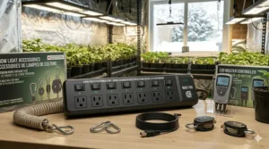 Surge-protected power strip and grow light accessories for a safe multi-light seedling setup.