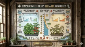 A comparison chart showing how LED technology reduces the electricity cost of running grow lights compared to traditional HID systems for Canadian growers.