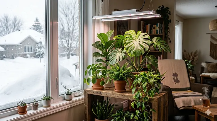 A cozy Canadian living room in winter featuring lush tropical plants thriving under full-spectrum LED grow lights while snow falls outside the window.