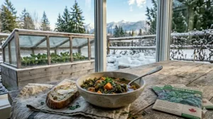 A photorealistic 4K photograph of a hearty winter kale and sausage stew in a ceramic bowl, steaming on a rustic wood table in front of a window view of the snow-covered garden and mountains.