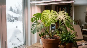 Diagram comparing weak Canadian winter sunlight hours to the consistent intensity of winter grow lights for indoor plants.