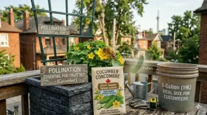 Illustration of a honeybee pollinating a yellow cucumber flower, essential for seeds grown in urban Canadian environments.
