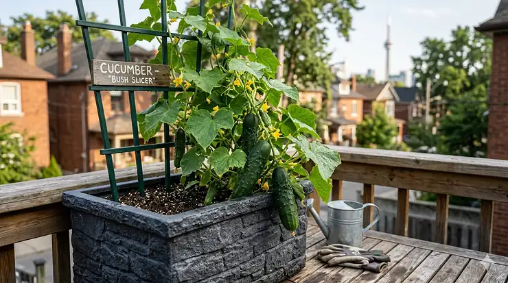 A thriving patio cucumber plant growing in a large black pot on an Ontario balcony, showing small yellow flowers and young fruit.