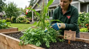 A lush, photorealistic garden scene showing slow bolt cilantro growing alongside tomato plants in a wooden raised bed under natural Canadian light.